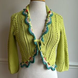Women’s Anthropologie Vintage Chunky Knit Cardigan Tie Front Green Smalll